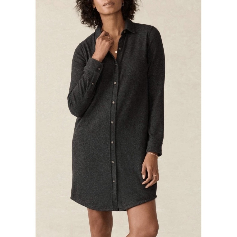 Faherty Legend Sweater Dress M Black Twill Knit Cozy Minimalist Flannel Shift